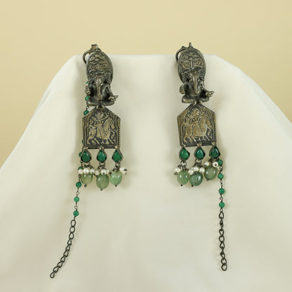 Dityaa Green Silver Earrings with Deity Motif