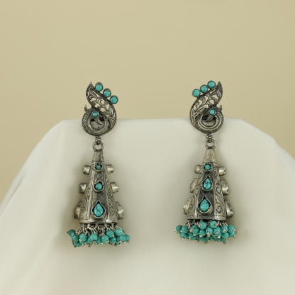 Misha Turquoise Silver Earrings with Peacock Motif