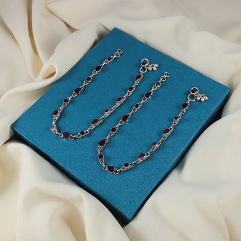 Noor Maroon Shine Trail Silver Anklets