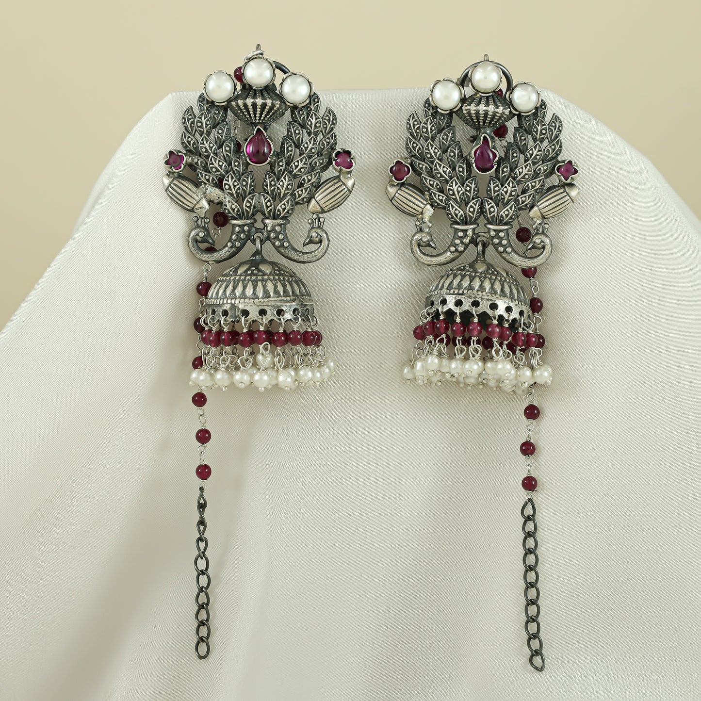 Manyata Pink Silver Earrings with Peacock Motif