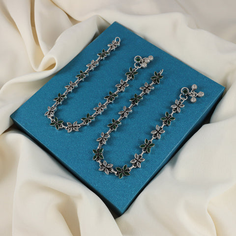 Sana Green Petal Chain Silver Anklets
