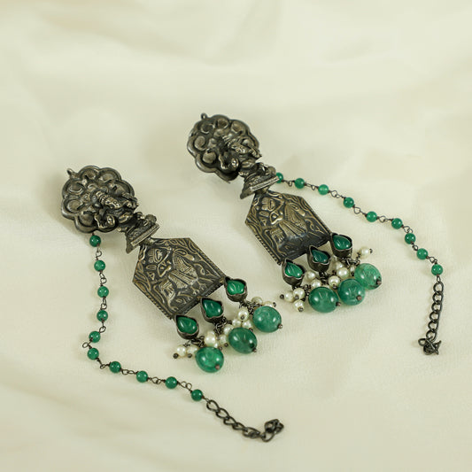 Saryu Green Silver Earrings with Deity Motif