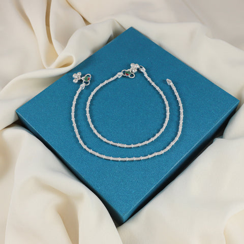Pooja Graceful Barrel Work Silver Anklets