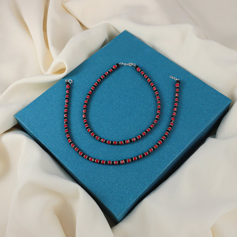 Seema Black Red Beaded Silver Anklets