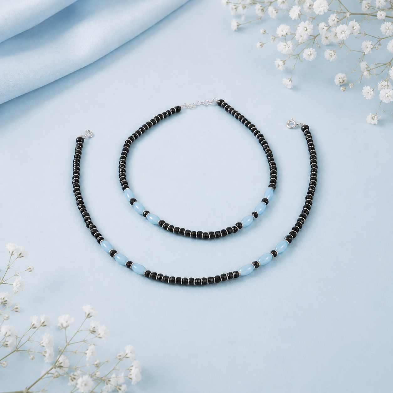 Siya Stylish Blue Accent Silver Anklets
