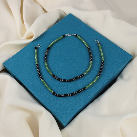 Alina Black Green Beaded Silver Anklets
