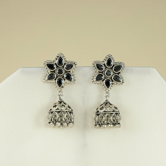 Alice Black Floral Silver Earrings