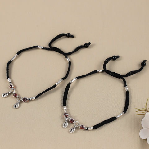 Misha Red Stone Thread Silver Anklets