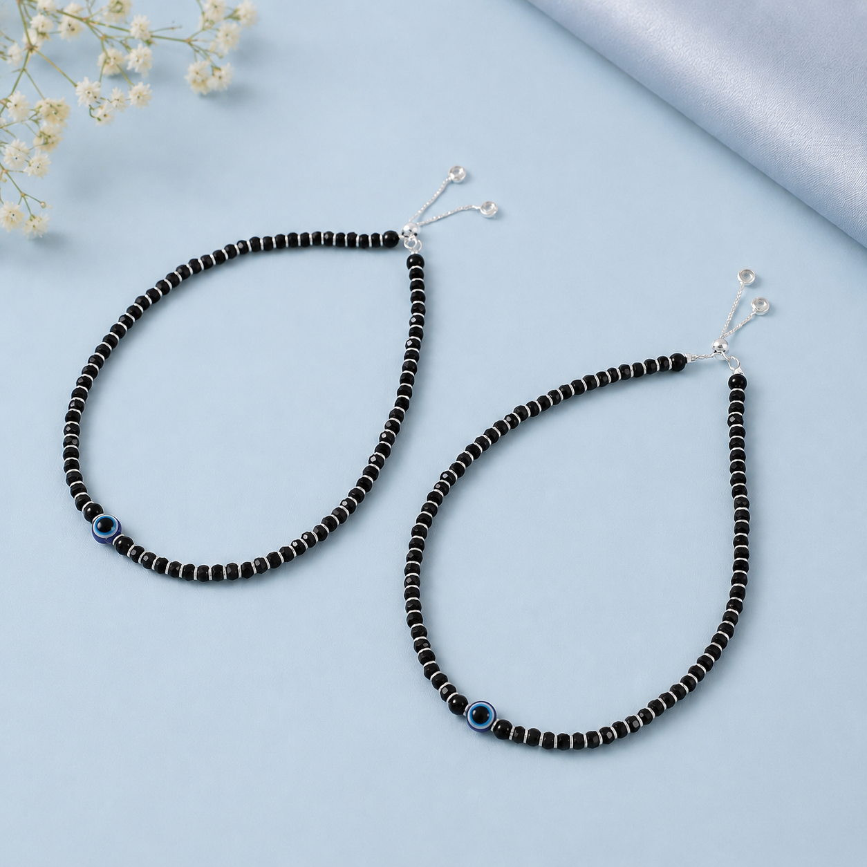 Black Bead Evil Eye  Silver Anklets