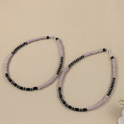 Lakshi Two Color Bead Silver Anklets