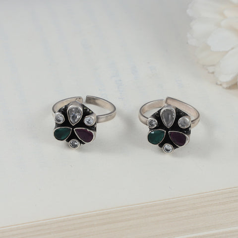 Seema Multi Stone Blossom Silver Toe Rings
