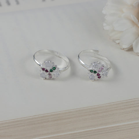 Ojasvi Multicolor Floral Silver Toe Rings