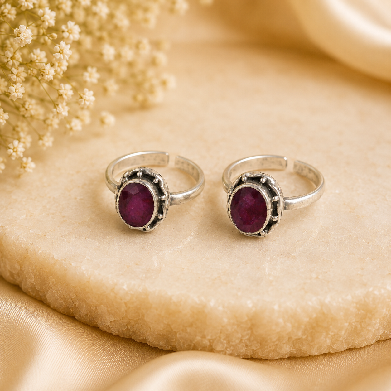 Sanjana Oval Ruby-Colored Stone Silver Toe Rings