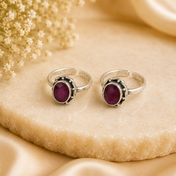 Sanjana Oval Ruby-Colored Stone Silver Toe Rings