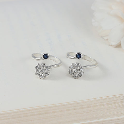 Sunita Blue Crystal Flower Silver Toe Rings