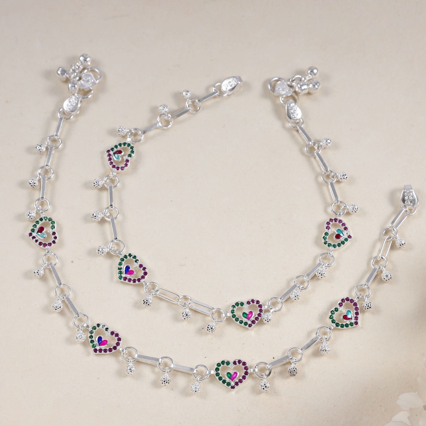 Zoya Heart Sparkle Silver Anklets