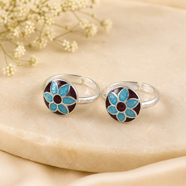 Blue Floral Charm  Silver Toe Rings