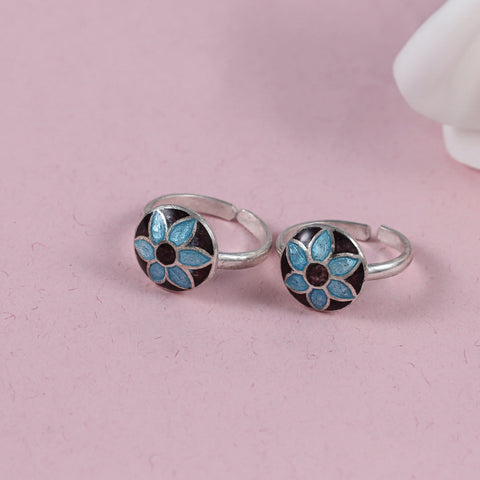 Blue Floral Charm  Silver Toe Rings