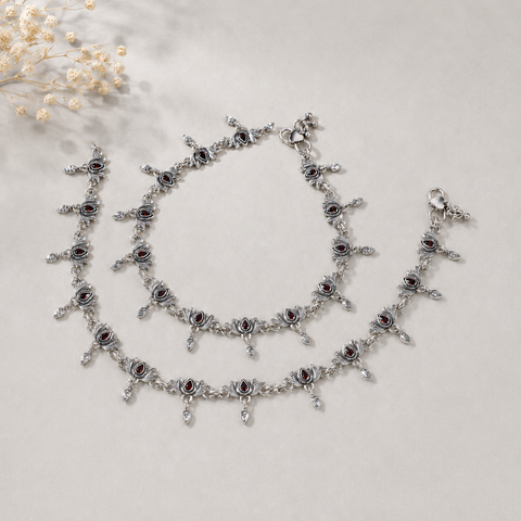 Farah Regal Red Stone Silver Anklets