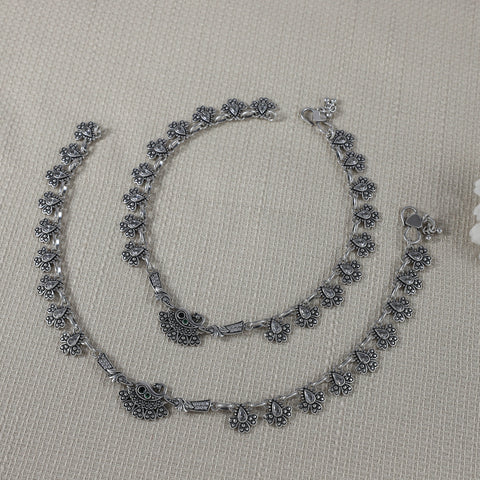 Gauri Antique Peacock Silver Anklets