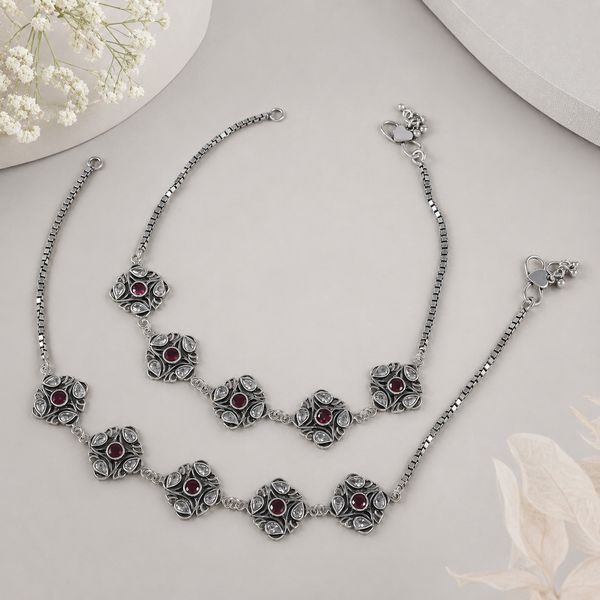Gunjan Classic Ruby Square Silver Anklets