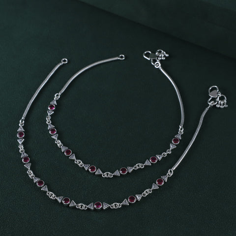 Ishika Modern Ruby Geometry Silver Anklets