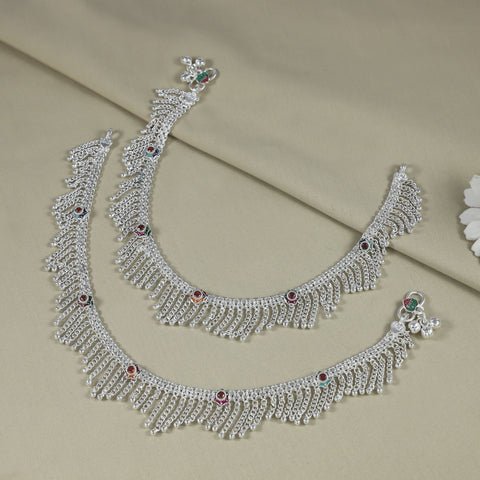 Pooja Stone Fringe Silver Anklets