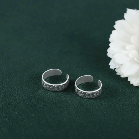 Floral Carved Band Silver Toe Rings