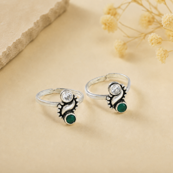 Royal Green Glow Silver Toe Rings