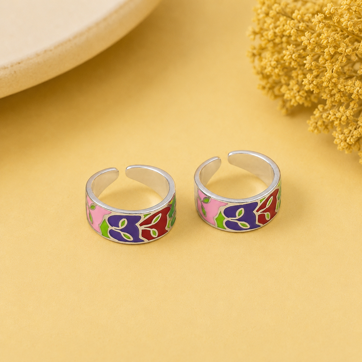 Bloom Pop Enamel Floral Silver Toe Rings