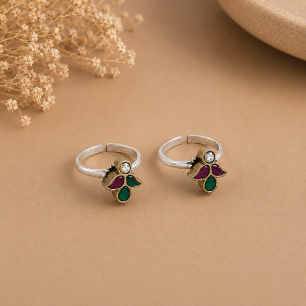 Himani Classic Red Green Bloom Silver Toe Rings