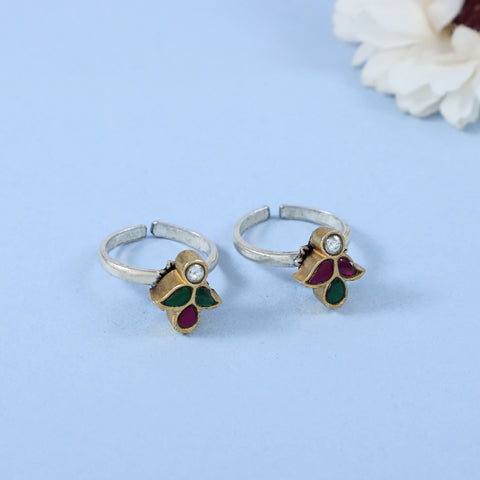 Himani Classic Red Green Bloom Silver Toe Rings