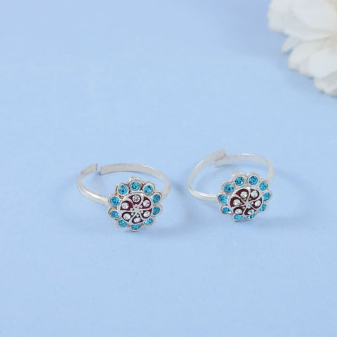 Kiran Sky Blue Floral Shine Silver Toe Rings