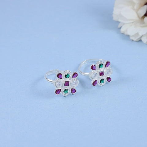 Nandini Colorful Gem Bloom Silver Toe Rings