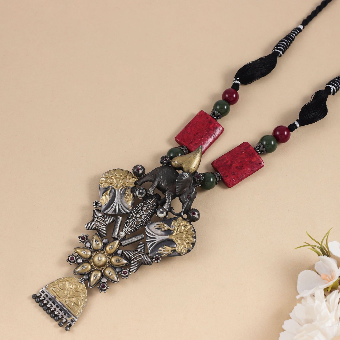 Lavanya  Red - Black Therad Tribal Silver Necklace