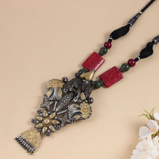 Lavanya  Red - Black Therad Tribal Silver Necklace
