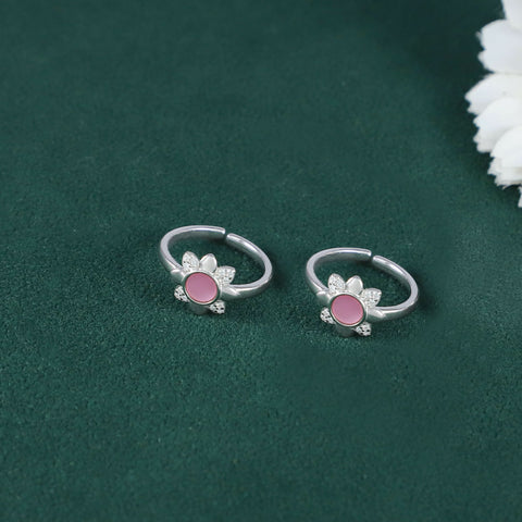 Minimal Pink Floral Shine Silver Toe Rings