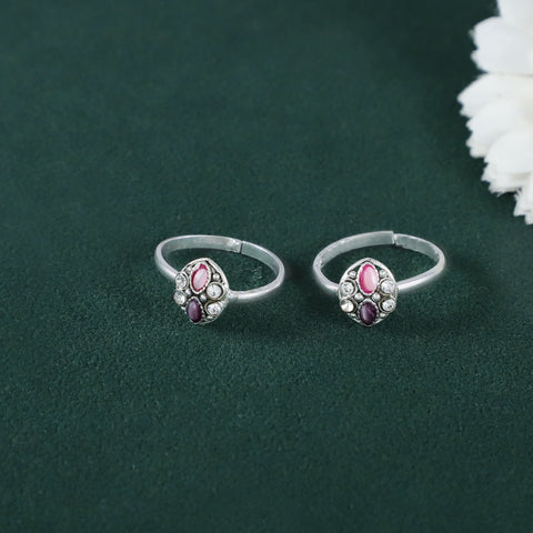 Seema Pink Dewdrop Silver Toe Rings