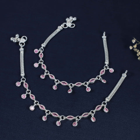Prisha Pink Stone Drop Silver Anklets