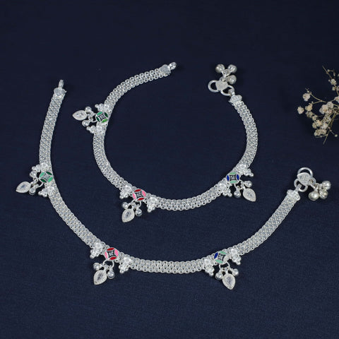 Rekha Rangriti Enamel Charm Silver Anklets