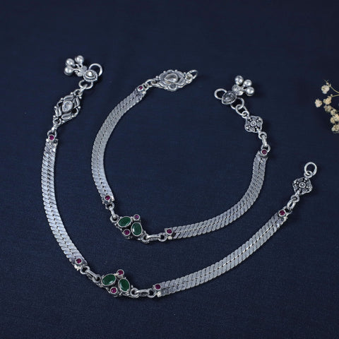 Rajwadi Green Stone Silver Anklets