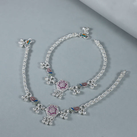 Suhani Ethnic Pink Stone Charm Silver Anklets