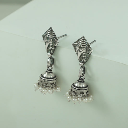 Anya Ganesha Motif Silver Earrings With Pearl