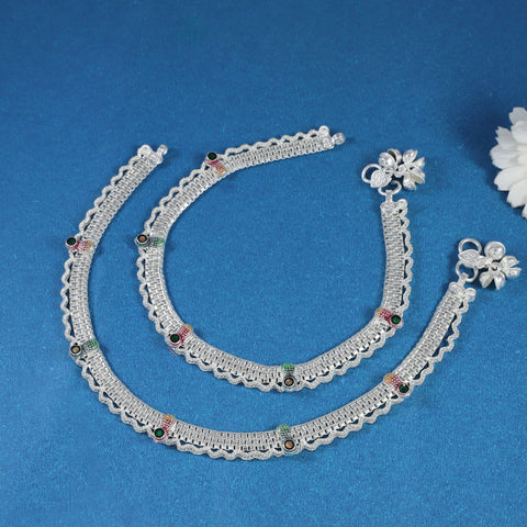 Prerna Multistone Silver Anklets