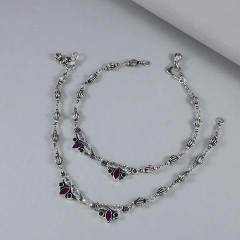 Kashvi Gem Leaf Silver Anklets