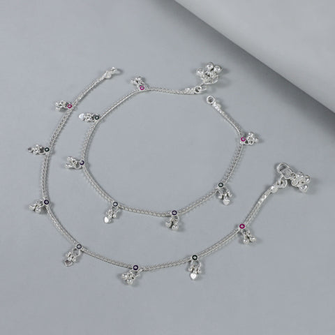 Roshini Heart Charm Silver Anklets