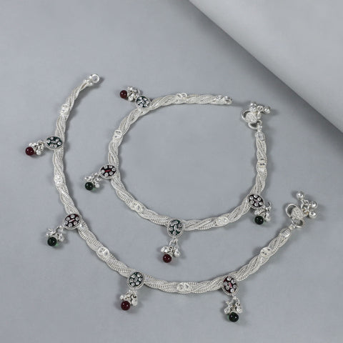 Alina Ethnic Meenakari Silver Anklets
