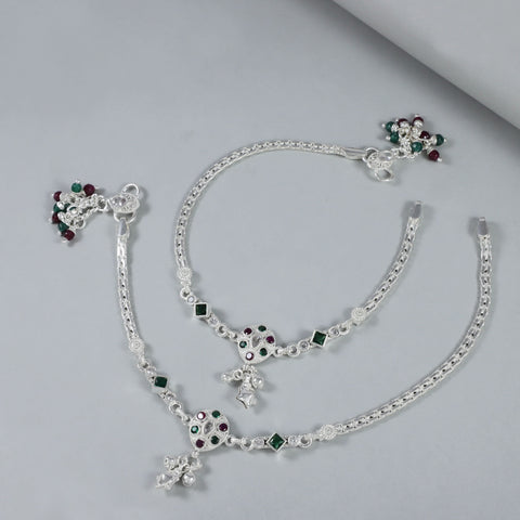 Mahika Ethnic Navratna Charm Silver Anklets