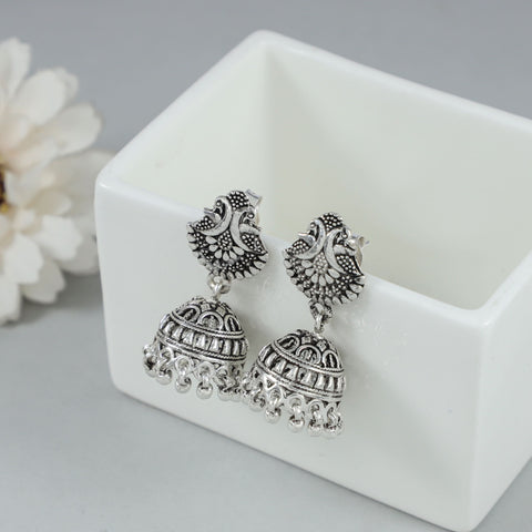 Tanvika Peacock Motif Silver Jhumki