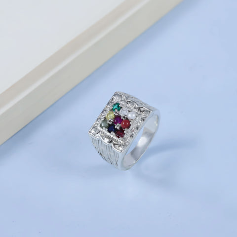 Advik Celestial Navratna Silver Ring For Him